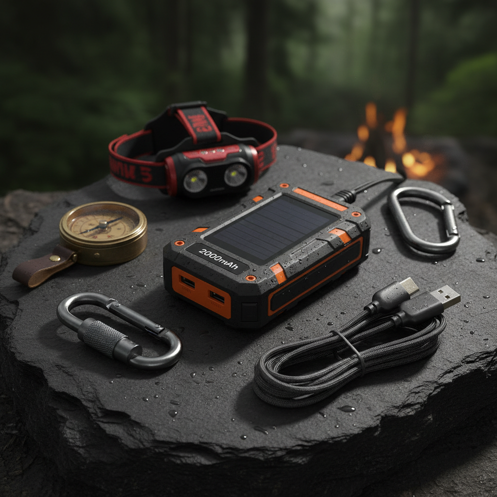 OutpostKit Solar Power Bank - flat lay with camping gear